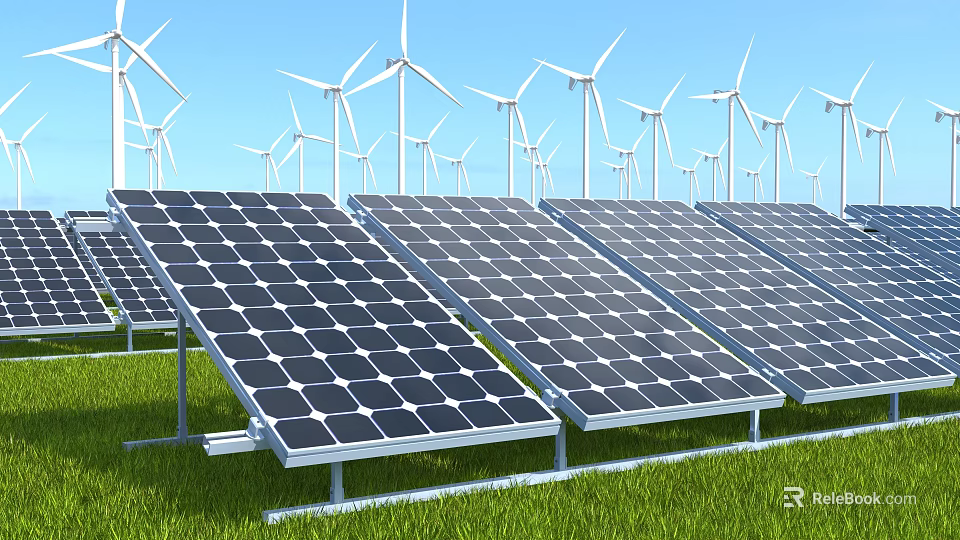 Solar Panels And Wind Turbines In Renewable Energy Setup With Green Grass 3d model 
