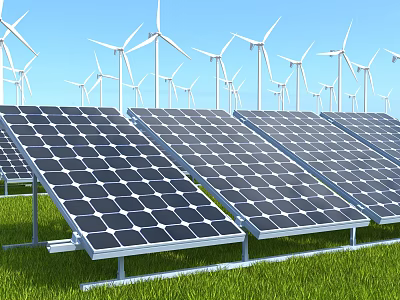 Solar Panels And Wind Turbines In Renewable Energy Setup With Green Grass 3d model