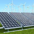 Solar Panels And Wind Turbines In Renewable Energy Setup With Green Grass