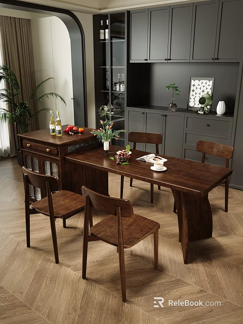 Wooden Dining Table Set With Chairs Fruits Flower Vase And Tableware 3d model 