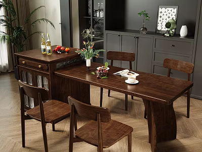 Wooden Dining Table Set With Chairs Fruits Flower Vase And Tableware 3d model