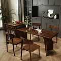 Wooden Dining Table Set With Chairs Fruits Flower Vase And Tableware