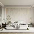 Modern Bedroom Interior With Wooden Accent Wall White Bed Green Plant And Pendant Lights