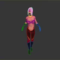Woman in purple and yellow outfit with black gloves and boots walking pose