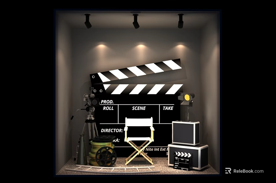 Window Display With Movie Clapperboard Camera Director Chair Film Reels And Studio Lights 3d model 