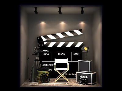 Window Display With Movie Clapperboard Camera Director Chair Film Reels And Studio Lights 3d model