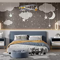 Charming Kids Room With Cloud Star Moon Wall Decor Airplane Chandelier Bed And Soft Rug