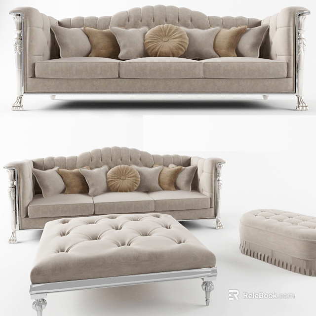 Elegant Beige Upholstered Three-Seater Sofa With Decorative Pillows Metal Legs And Ottoman 3d model 