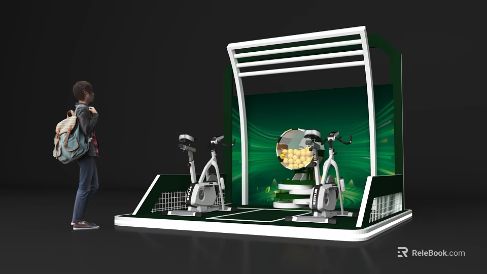 Interactive Zone Featuring Two Fitness Bikes Green Background Central Circular Graphic And User Experience 3d model 