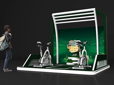 Interactive Zone Featuring Two Fitness Bikes Green Background Central Circular Graphic And User Experience 3d model