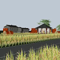Rural Landscape Featuring Golden Rice Fields Traditional Houses And Pavilion Along Road Under Blue Sky