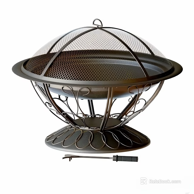 Outdoor Fire Pit With Mesh Cover Decorative Metal Stand And Poker Tool 3d model 