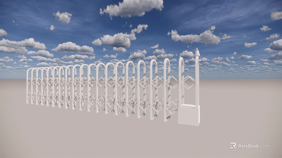 Public Facility Entrance Gate With White Retractable Design And Geometric Patterns 3d model
