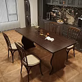 Dark Wooden Dining Table Set with Four Wooden Frame Chairs and Light Cushions