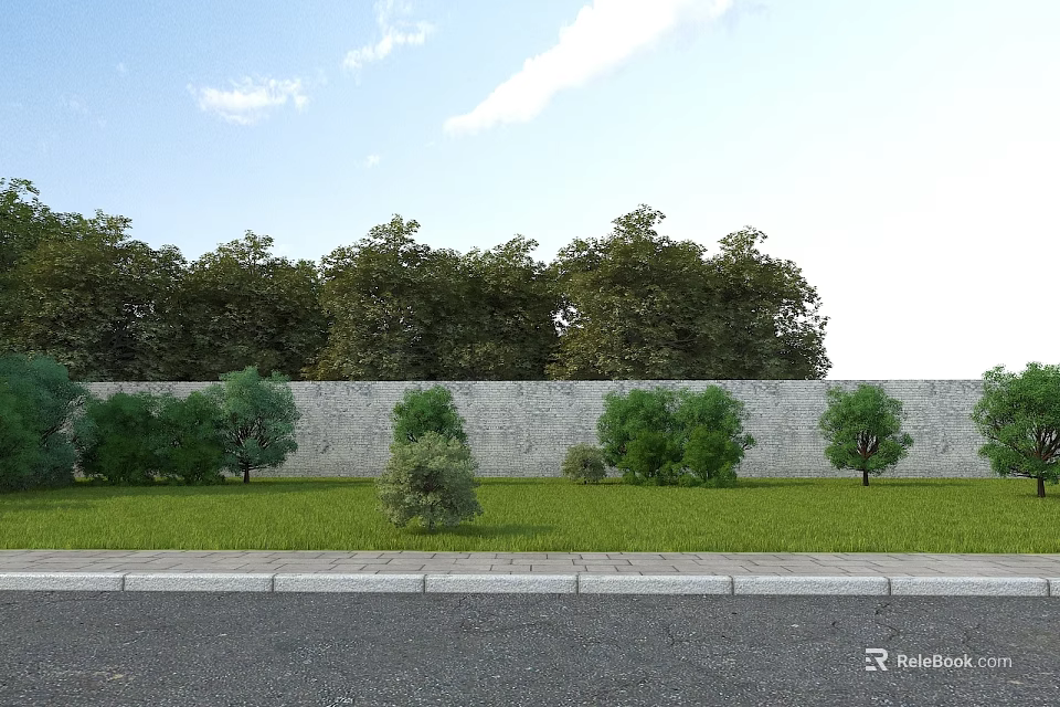 Lush Garden Landscape Design Featuring Green Lawn Various Trees Shrubs Gray Wall And Paved Road 3d model 