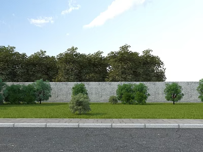 Lush Garden Landscape Design Featuring Green Lawn Various Trees Shrubs Gray Wall And Paved Road 3d model