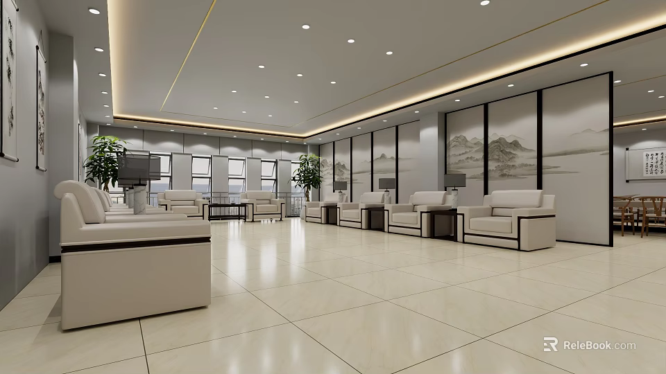 Spacious Modern Hotel Public Lounge Area With Comfortable Sofas Coffee Tables Wall Art And Lighting 3d model 