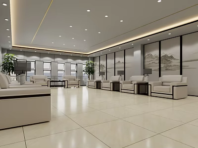 Spacious Modern Hotel Public Lounge Area With Comfortable Sofas Coffee Tables Wall Art And Lighting 3d model