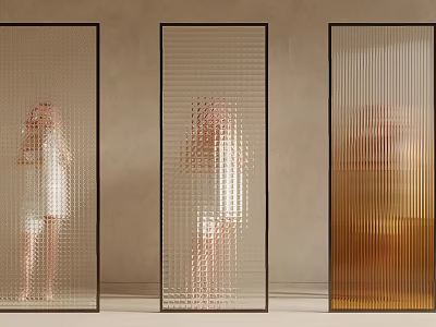 Modern Glass Room Dividers With Black Frames And Ribbed Frosted Glass Design 3d model