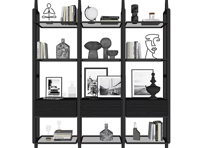 Modern Black Bookcase With Books Decorative Vases Sculptures And Framed Artworks 3d model