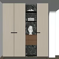Modern Wooden Decorative Cabinet With Marble Panel LED Lighting And White Bust Sculpture