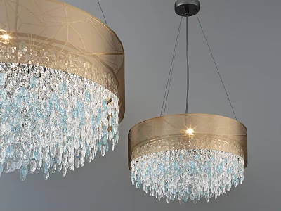 Two Elegant Crystal Chandeliers With Golden Frame And Transparent Hanging Crystals 3d model