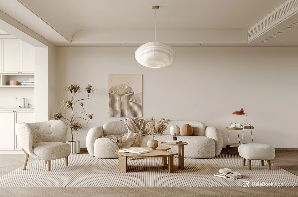 Modern Living Room Interior With Cozy Sofa Coffee Table Pendant Light And Decorative Art 3d model 