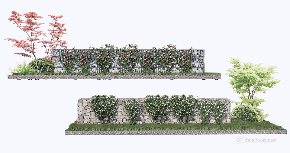 Green Vines With Flowers Growing On Iron Fence And Stone Wall Outdoor Decor 3d model 