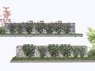 Green Vines With Flowers Growing On Iron Fence And Stone Wall Outdoor Decor 3d model