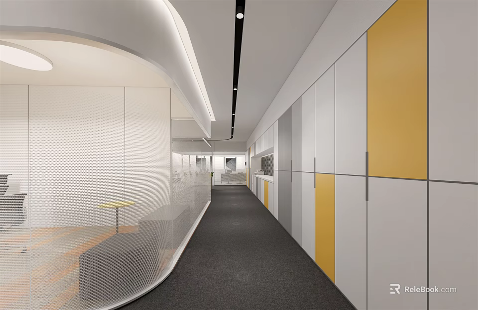 Modern Office Corridor With Curved Walls Ceiling Lights Yellow White Cabinets And Gray Carpet 3d model 