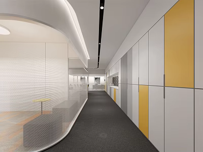 Modern Office Corridor With Curved Walls Ceiling Lights Yellow White Cabinets And Gray Carpet 3d model