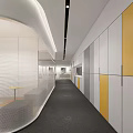 Modern Office Corridor With Curved Walls Ceiling Lights Yellow White Cabinets And Gray Carpet