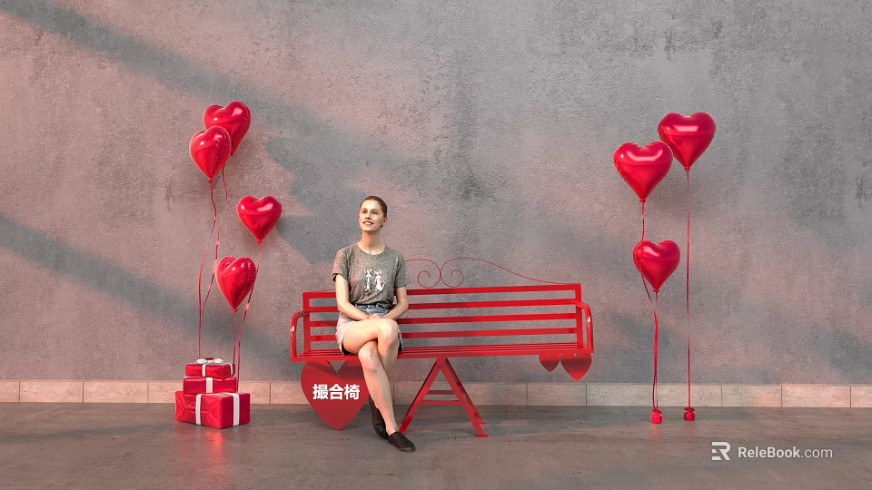 Red Public Bench With Heart Shaped Balloons And Gift Boxes Against Gray Wall 3d model 