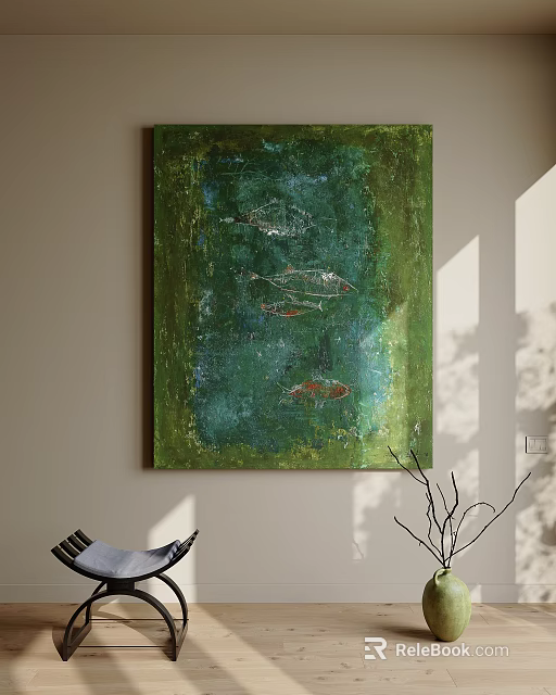 Abstract Painting With Green Blue Textured Background And Fish Motifs On Wall With Light Shadows 3d model 