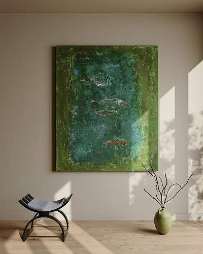 Abstract Painting With Green Blue Textured Background And Fish Motifs On Wall With Light Shadows 3d model