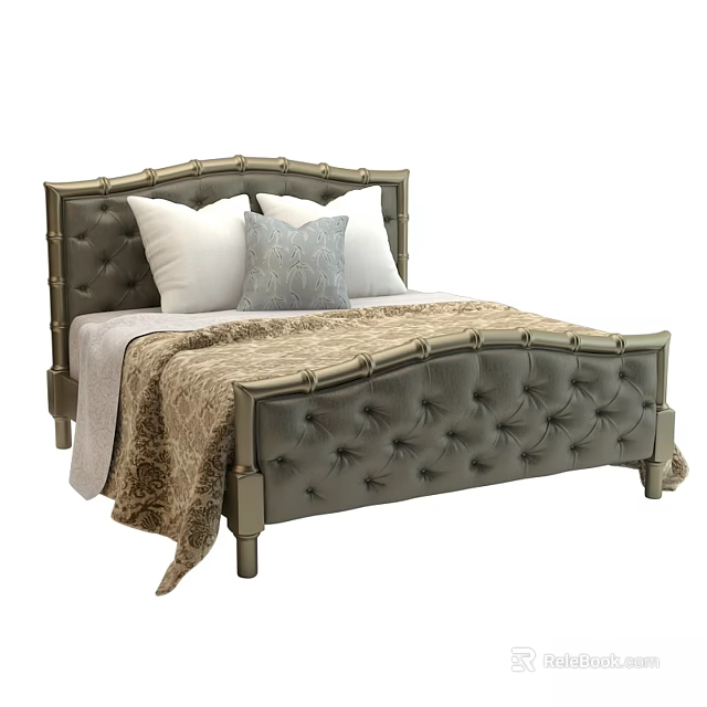 Double Bed with Tufted Leather Upholstery Arched Headboard Decorative Pillows and Patterned Blanket 3d model 