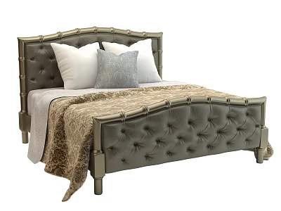 Double Bed with Tufted Leather Upholstery Arched Headboard Decorative Pillows and Patterned Blanket 3d model