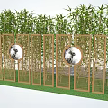 Wooden Partition With Circular Cutouts And Bamboo Plants In Garden