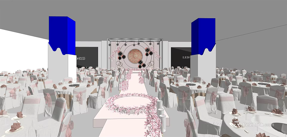 Elegant Banquet Hall With Table Chair Setup Pink Floral Decor Central Aisle And Blue Accents 3d model 