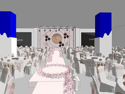 Elegant Banquet Hall With Table Chair Setup Pink Floral Decor Central Aisle And Blue Accents 3d model