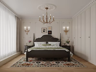 Elegant Bedroom Interior Design With Dark Headboard Bed Chandelier Ceiling Medallion And Ornate Rug 3d model