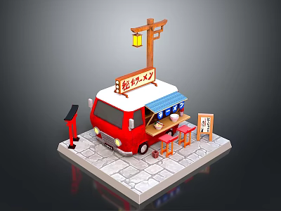 Red Japanese Style Food Truck With Signboard Lantern Awning Tables And Stone Pavement 3d model