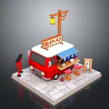 Red Japanese Style Food Truck With Signboard Lantern Awning Tables And Stone Pavement