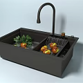 Black Double Bowl Kitchen Sink with Faucet and Fresh Fruits Vegetables