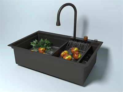 Black Double Bowl Kitchen Sink with Faucet and Fresh Fruits Vegetables 3d model