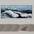 Abstract Painting Depicting Ocean Waves In Blue And White On White Wall With Concrete Bench