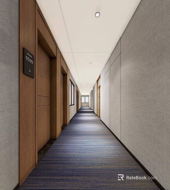 Modern Elevator Corridor With Wooden Panels Gray Walls And Blue Carpet 3d model 