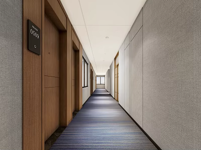 Modern Elevator Corridor With Wooden Panels Gray Walls And Blue Carpet 3d model
