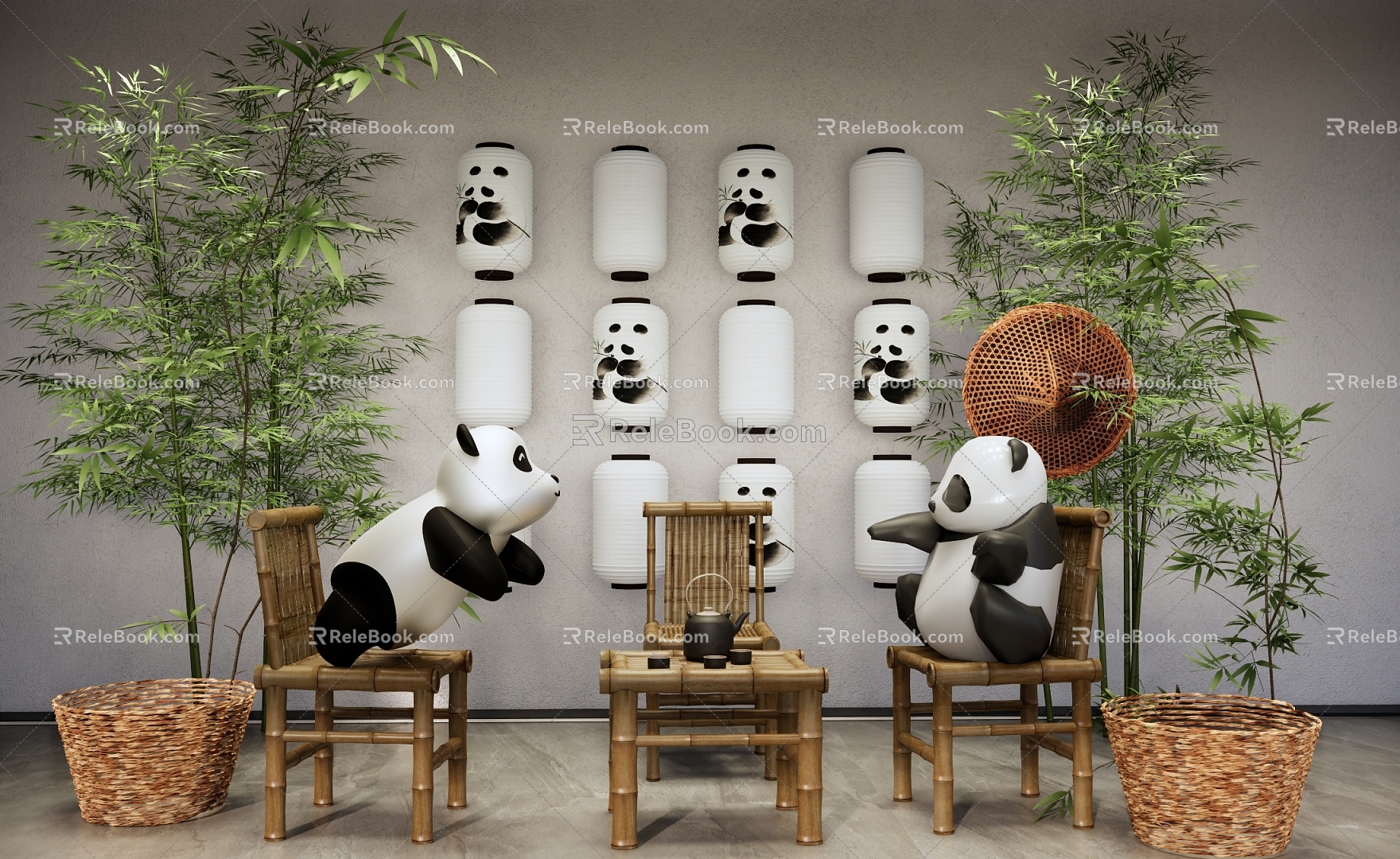 New Chinese Style Meichen Panda Theme Commercial Meichen Panda Teahouse Meichen Online Red Card Photo Wall Panda Lantern Decoration National Tide Panda Theme Meichen 3d model