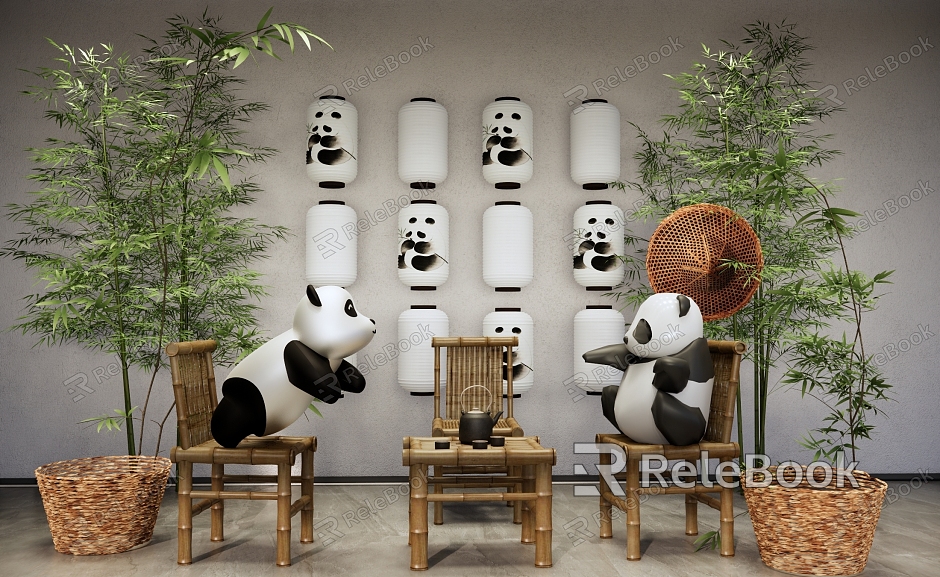 New Chinese Style Meichen Panda Theme Commercial Meichen Panda Teahouse Meichen Online Red Card Photo Wall Panda Lantern Decoration National Tide Panda Theme Meichen model